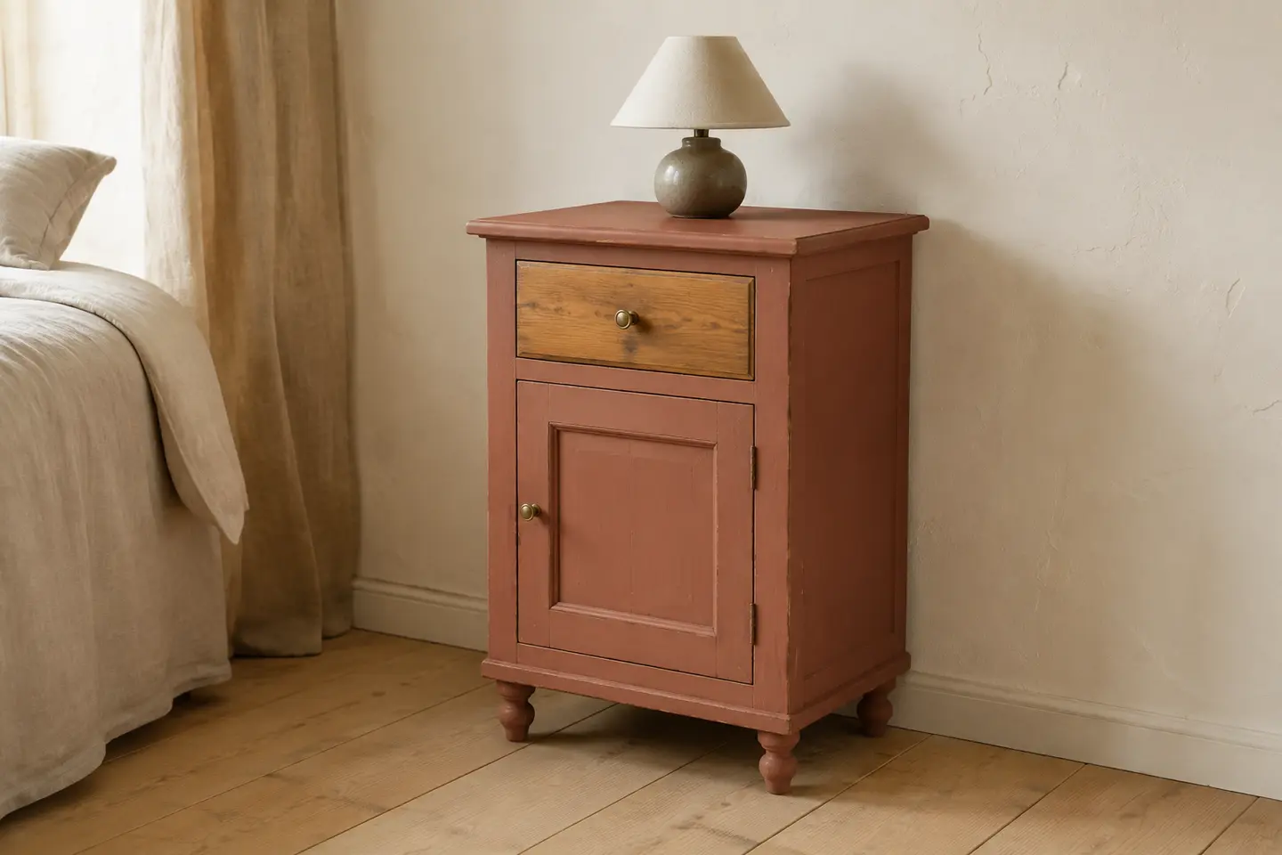 Opgeknapt terracotta nachtkastje