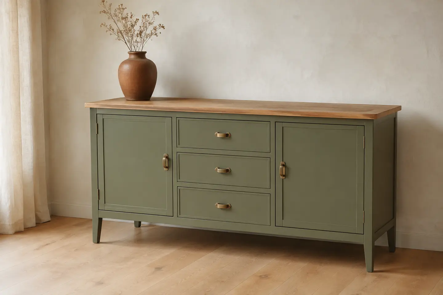 Gerestaureerd olijfgroen sideboard met houten blad